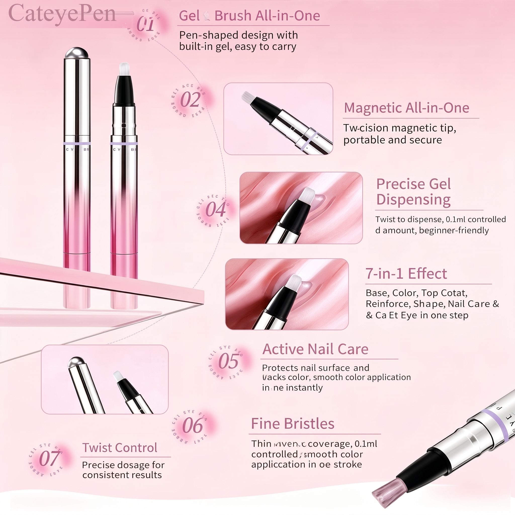 The CateyePen cat-eye pen: a silver magnetic cap and a fine brush tip on a pink pen body